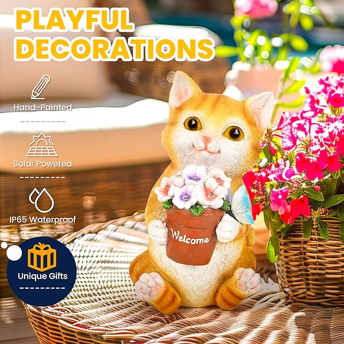 GIGALUMI Solar Garden Decor Flower Pot Cat Statues Outdoor, Birthday Gifts for Women Mom Grandma Senior Elder, Cat Ornament for Balcony, Garden, Patio, Yard, Lawn