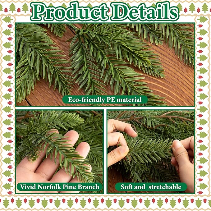 Watayo 6 Ft Christmas Norfolk Pine Garland, 3 Fork Dense Real Touch Pine Garland Ornament, Realistic Artificial Pines Greenery Garlands for Christmas Holiday Mantle Fireplace Table Home Decor