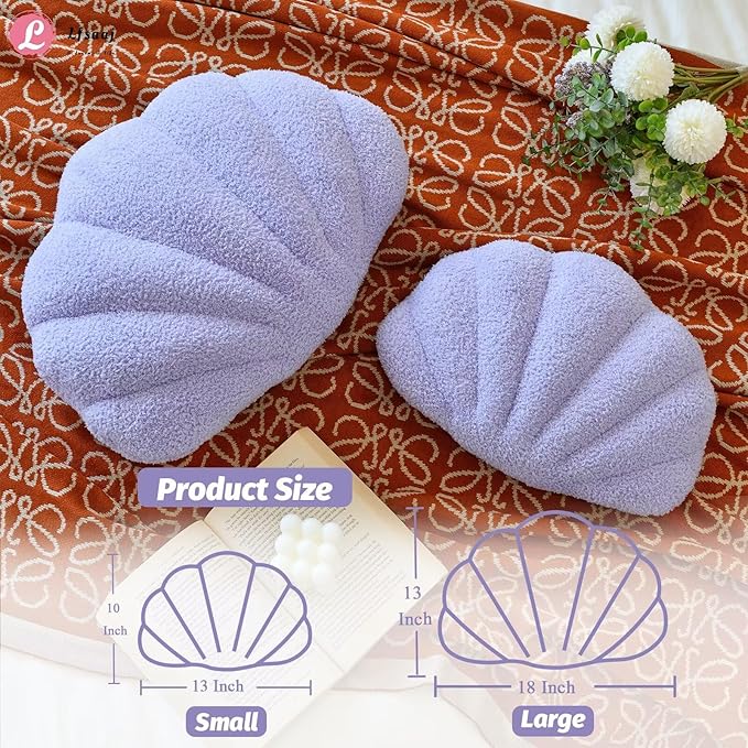 Seashell Throw Pillows, Shell Shaped Throw Pillows, 18 Inch Soft Home Decorative Pillow Plush Cushion for Bed Couch Living Sofa Room Decor Accent Throw Pillow (Lavender 18Inch)