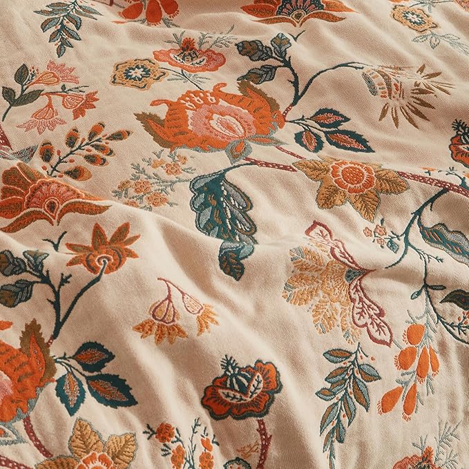 Boho Throw Blanket for Bed 80”x90”, 100% Cotton Woven Blanket for Couch Sofa, Ultra Soft 4-Layer Muslin Quilt with Floral Printed, Farmhouse Bed Blanket/Cover for Living Room Decor