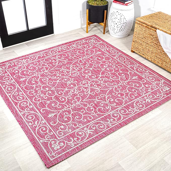 JONATHAN Y Vintage Filigree Indoor Outdoor Square Area Rug 5X5 Fuchsia/Light Gray, Charleston Textured Weave for Backyard, Patio, Porch, Easy-Cleaning, Pet-Friendly, Non-Shedding (SMB106J-5SQ)