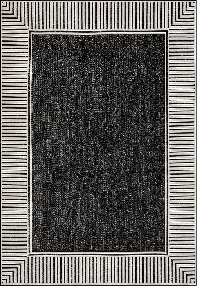 nuLOOM 9'6" x 12' Outdoor Area Rug, Casual Design With Striped Border, Stain Resistant, Highly Durable, For Patio, Balcony, Bedroom, Living Room, Dining Room, Bathroom, Black