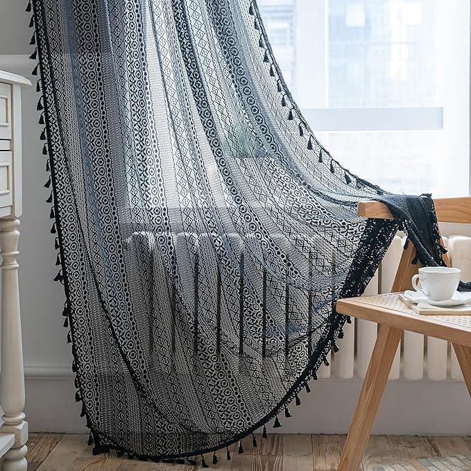 Sutuo Home Black Crochet Boho Curtain 63 Inches Length, Sheer Lace Handmade Tassels Knitted Window Treatment Vintage Rustic Bohemian Farmhouse Drape for Bedroom Rod Pocket 1 Panel 59" W x 63" L