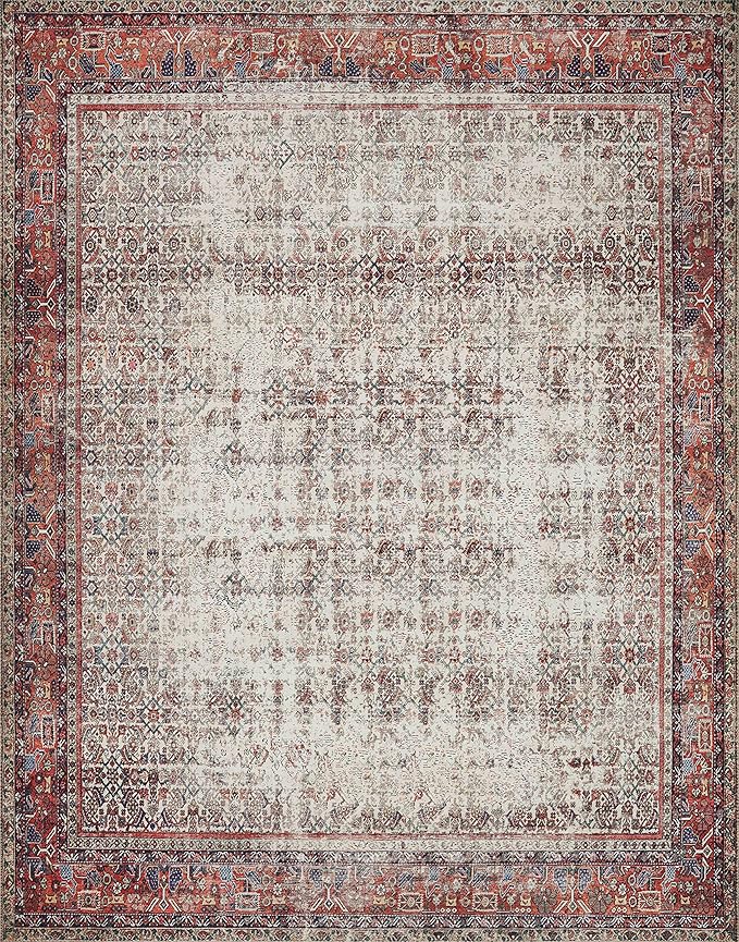 Loloi Layla Collection LAY-12 Ivory/Brick 7'-6" x 9'-6" .13" Thick Area Rug, Soft, Durable, Vintage Inspired, Distressed, Low Pile, Non-Shedding, Easy Clean, Printed, Living Room Rug