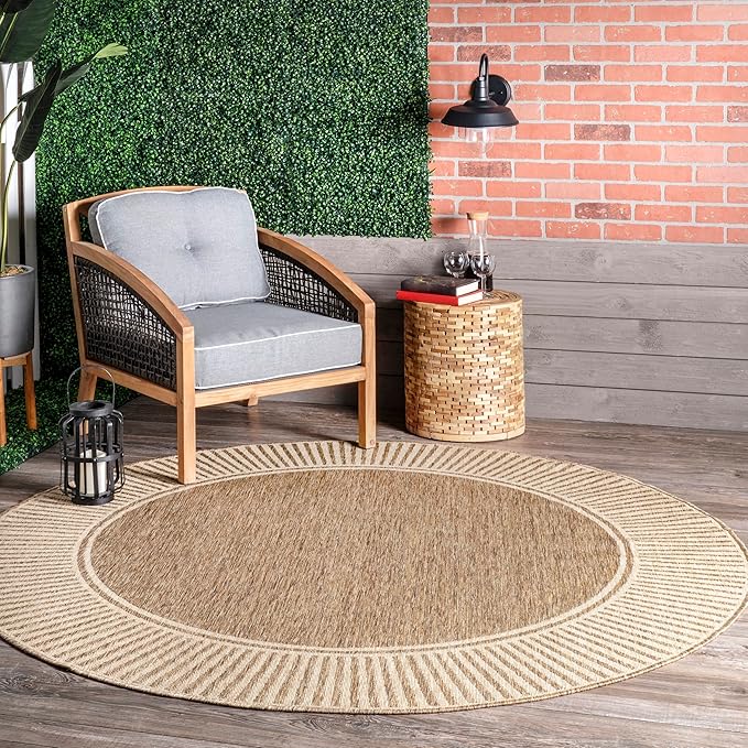 nuLOOM 6'7" Round Outdoor Area Rug, Casual Design With Striped Border, Stain Resistant, Highly Durable, For Patio, Balcony, Bedroom, Living Room, Dining Room, Bathroom, Light Brown