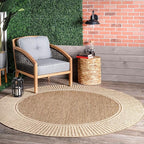 nuLOOM 6'7" Round Outdoor Area Rug, Casual Design With Striped Border, Stain Resistant, Highly Durable, For Patio, Balcony, Bedroom, Living Room, Dining Room, Bathroom, Light Brown