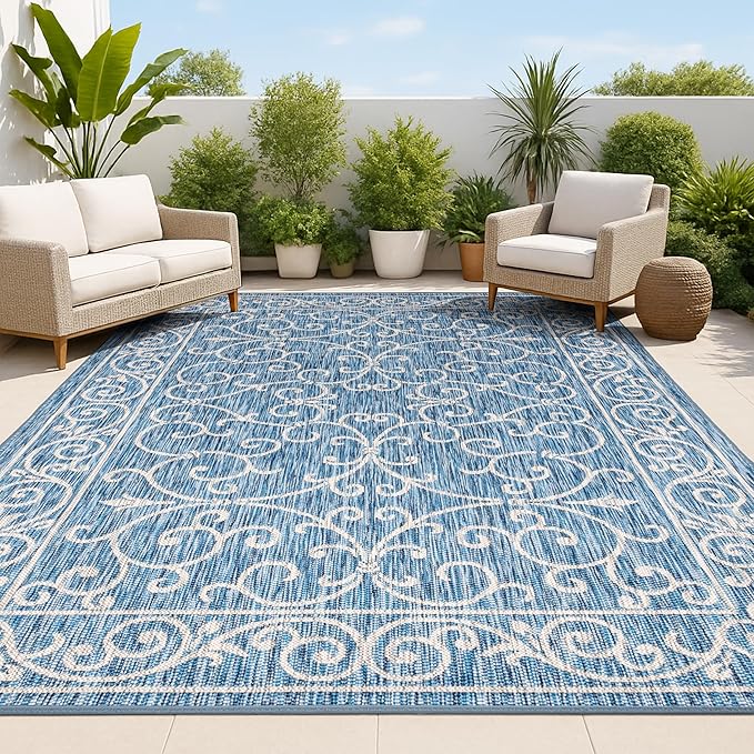 JONATHAN Y Vintage Filigree Indoor Outdoor Area Rug 5X8 Navy/Gray, Charleston Textured Weave for Backyard, Patio, Porch, Easy-Cleaning, High Traffic, Pet-Friendly, Non-Shedding (SMB106D-5)