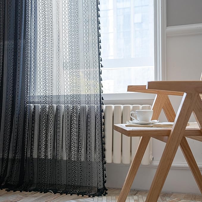 Sutuo Home Black Boho Curtain 84 Inches Length, Sheer Crochet Lace Handmade Tassels Knitted Window Treatment Vintage Rustic Bohemian Farmhouse Drape for Bedroom Rod Pocket 1 Panel 59" W x 84" L