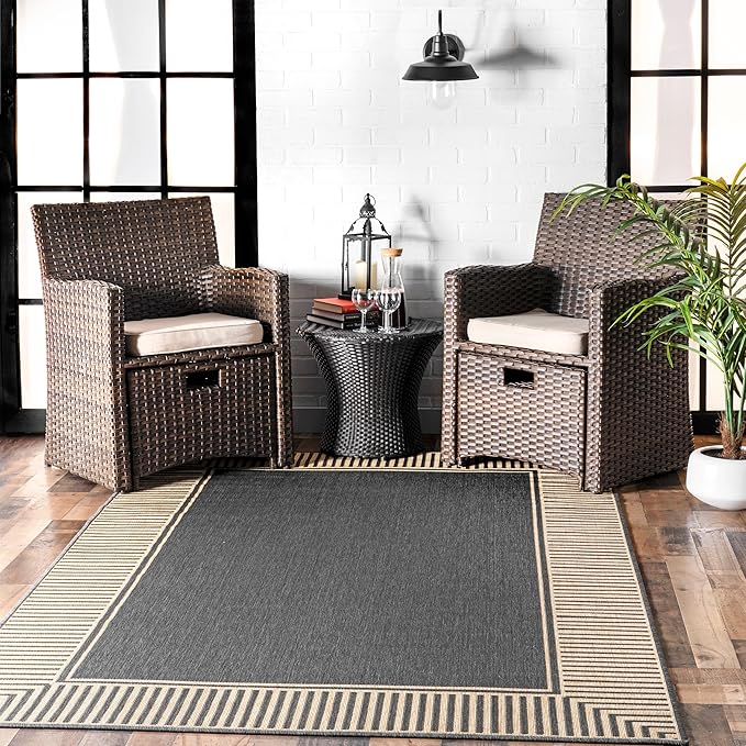 nuLOOM 9'6" x 12' Outdoor Area Rug, Casual Design With Striped Border, Stain Resistant, Highly Durable, For Patio, Balcony, Bedroom, Living Room, Dining Room, Bathroom, Dark Grey