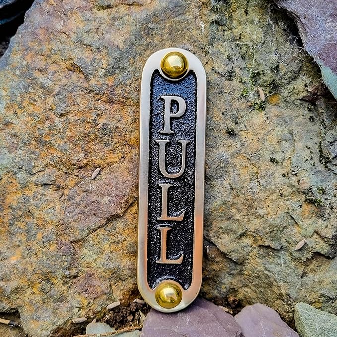 PULL Brass Door Sign. Traditional Style Home Décor Wall Plaque Handmade By The Metal Foundry UK.