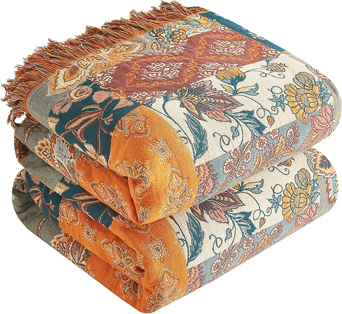 Boho Throw Blanket for Bed 60”x80”, 100% Cotton Woven Blanket for Couch Sofa, Ultra Soft 4-Layer Muslin Quilt with Patchwork Floral Printed, Farmhouse Bed Blanket/Cover for Living Room Decor