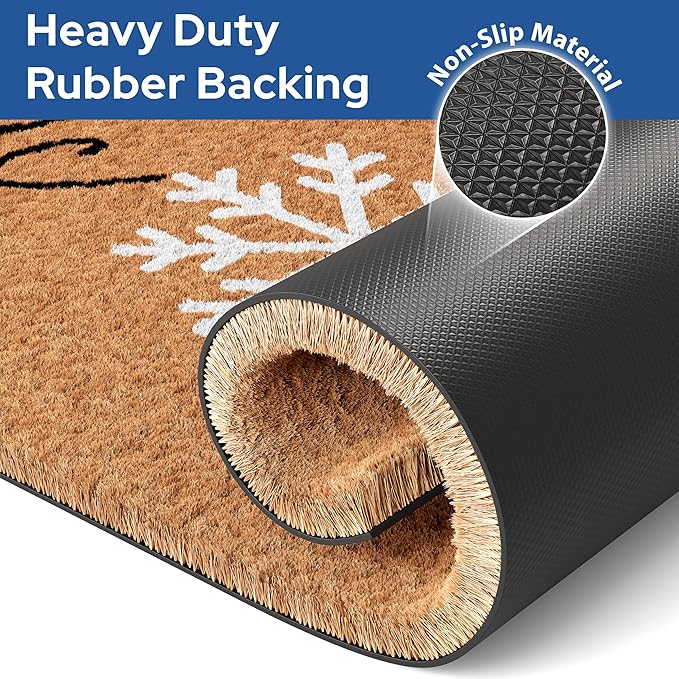 Barnyard Designs Natural Coco Coir Christmas Doormat - Large Cute Non-Slip Heavy Duty Backing Door Mat for Outside Entrance or Porch Entry, Brown (17x30, Winter Snowflake)