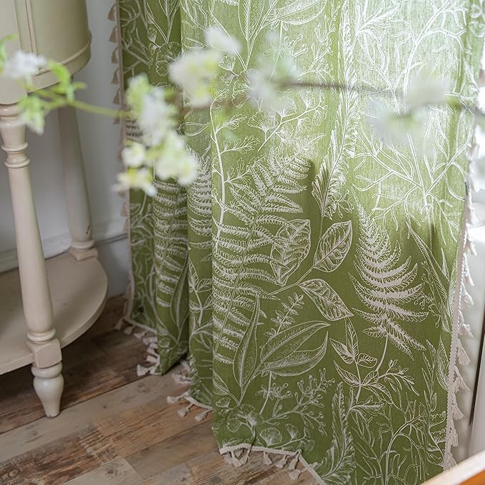 Sutuo Home Boho Curtain 84 Inches Length for Bedroom, Printed Cotton Linen Rod Pocket Rustic Farmhouse Bohemian Tassels Window Treatment, 1 Panel 59" W x 84" L, Green Tropical Leaves