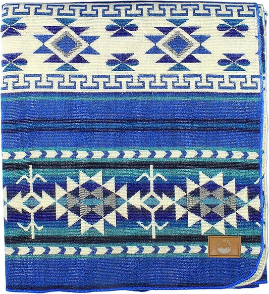 Inca Aztec Throw, Queen, King Blanket | Southwest Indian Navajo Boho Style | Native Cover for Camping, Bedding, Couch, Vanlife | Faux Alpaca, Lightweight, Hypoallergenic (Kocha Blue, Queen)