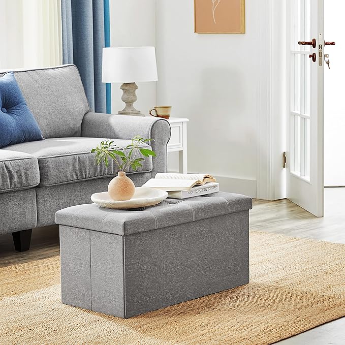 SONGMICS MAZIE Collection - 30 Inches Ottoman Storage Bench, 21 Gal. Folding Chest with Breathable Linen-Look Fabric, Load up to 660 lb, for Entryway, Living Room, Bedroom, Light Gray ULSF001G02