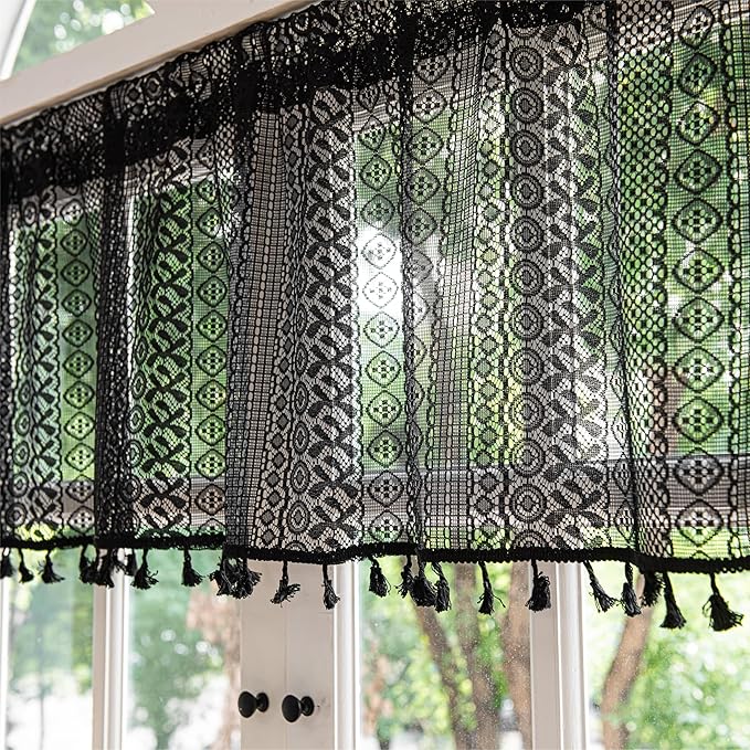 Sutuo Home Black Boho Valance Curtains Crochet Lace Sheer Bohemian Hollow Knitted with Tassels, Privacy Vintage Mid Century Farmhouse Tier for Kitchen, Rod Pocket 1 Panel,59" W x 36" L