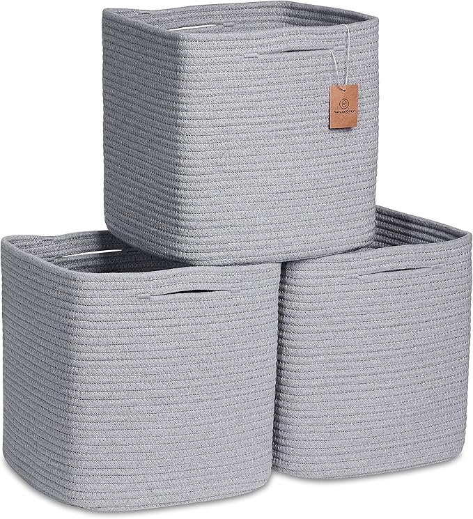 NaturalCozy Storage Cubes 11 Inch Cotton Rope Woven Baskets for Organizing, 3-Pack | Cube Storage Bin | Square Storage Baskets for Shelves Organizer, Classroom, Kids Toy Bins, Closet, Baby Nursery