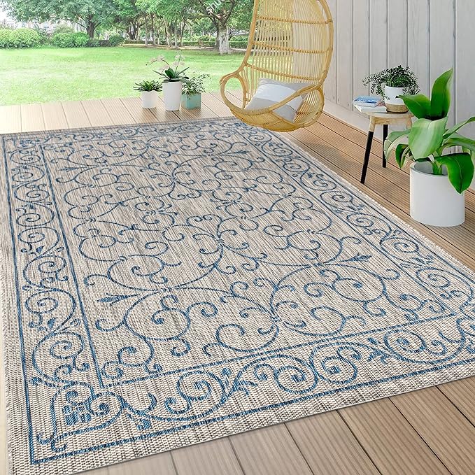 JONATHAN Y Vintage Filigree Indoor Outdoor Area Rug 8X10 Gray/Navy, Charleston Textured Weave for Backyard, Patio, Porch, Easy-Cleaning, High Traffic, Pet-Friendly, Non-Shedding (SMB106C-8)