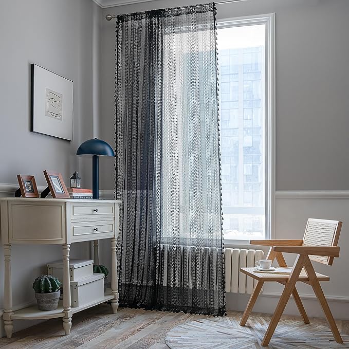 Sutuo Home Black Crochet Boho Curtain 63 Inches Length, Sheer Lace Handmade Tassels Knitted Window Treatment Vintage Rustic Bohemian Farmhouse Drape for Bedroom Rod Pocket 1 Panel 59" W x 63" L