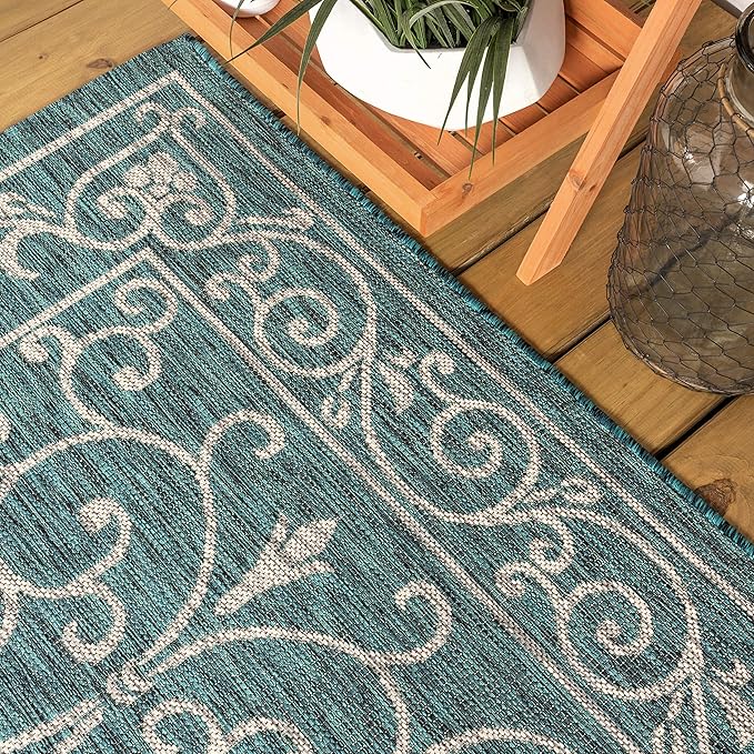 JONATHAN Y Vintage Filigree Indoor Outdoor Square Area Rug 6X6 Teal/Gray, Charleston Textured Weave for Backyard, Patio, Porch, Easy-Cleaning, High Traffic, Pet-Friendly, Non-Shedding (SMB106F-6SQ)