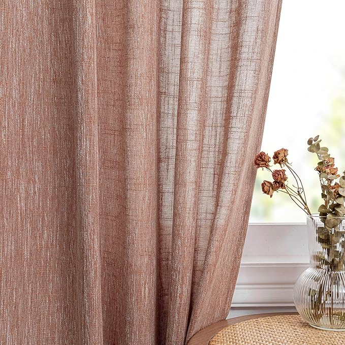 MYSKY HOME Cotton Curtains for Living Room Farmhouse Semi Sheer Light Filtering for Windows, Linen Look Texture Soft Modern Decor Country Style, 50" x 84", Brick Red
