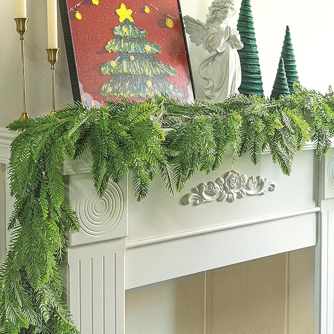 Watayo 6 Ft Christmas Norfolk Pine Garland, 3 Fork Dense Real Touch Pine Garland Ornament, Realistic Artificial Pines Greenery Garlands for Christmas Holiday Mantle Fireplace Table Home Decor