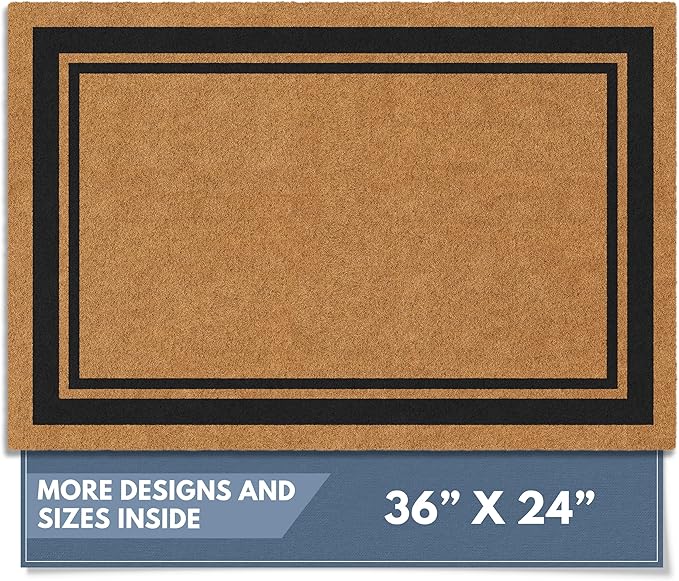 Barnyard Designs Natural Coco Coir Heavy Duty Backing Doormat - Large Cute Non-Slip Front Door Welcome Mat for Outside Entrance or Porch Entry, Brown (24x36, Border)