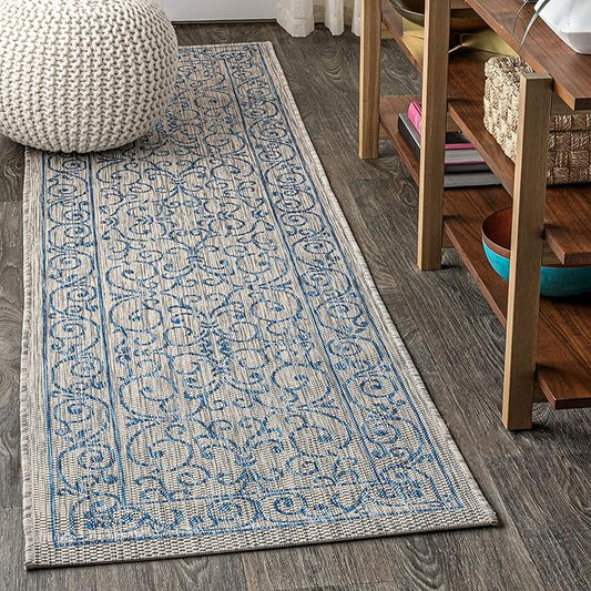 JONATHAN Y Vintage Filigree Indoor Outdoor Runner Rug 2X8 Gray/Navy, Charleston Textured Weave for Backyard, Patio, Porch, Easy-Cleaning, High Traffic, Pet-Friendly, Non-Shedding (SMB106C-28)