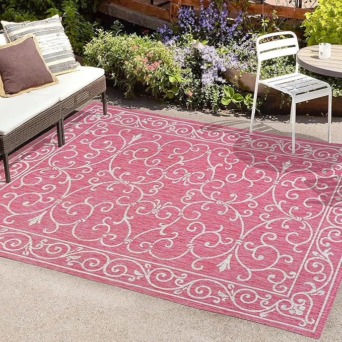 JONATHAN Y Vintage Filigree Indoor Outdoor Area Rug 4X6 Fuchsia/Light Gray, Charleston Textured Weave for Backyard, Patio, Porch, Easy-Cleaning, High Traffic, Pet-Friendly, Non-Shedding (SMB106J-4)