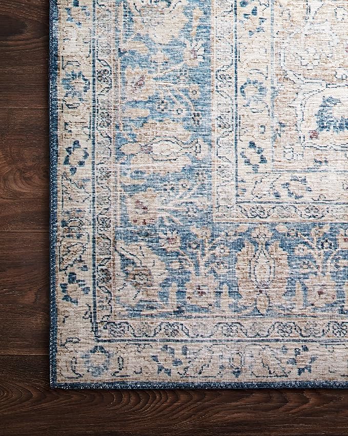 Loloi Layla Collection LAY-07 Blue/Tangerine 2'-6" x 9'-6" .13" Thick Runner Rug, Soft, Durable, Vintage Inspired, Distressed, Low Pile, Non-Shedding, Easy Clean, Printed, Living Room Rug