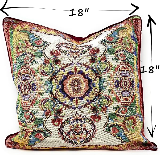 Tache Rococo Elegant Ornate Ivory Colorful Paisley Cotton Linen 18x18 Tapestry Woven Cushion Throw Pillow Cover 2 Pieces