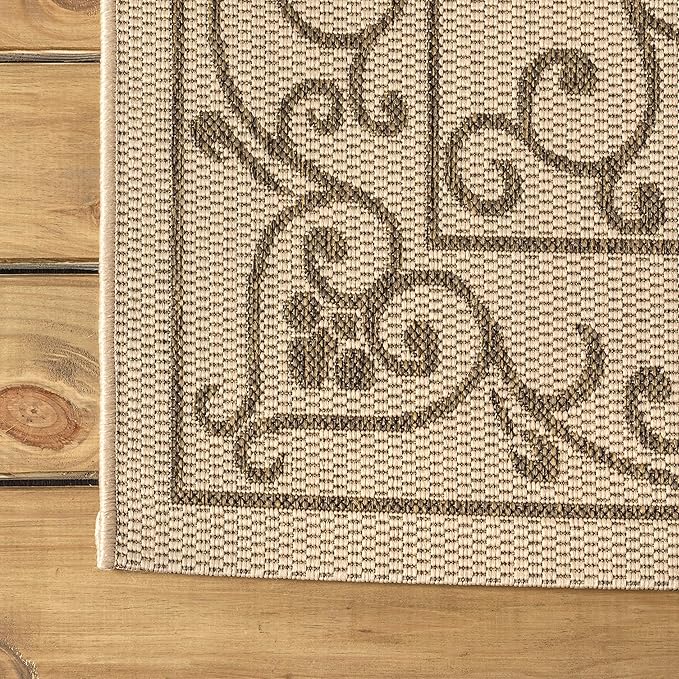 JONATHAN Y Vintage Filigree Indoor Outdoor Round Area Rug 5 Ft Beige/Brown, Charleston Textured Weave for Backyard, Patio, Porch, Easy-Cleaning, High Traffic, Pet-Friendly, Non-Shedding (SMB106A-5R)