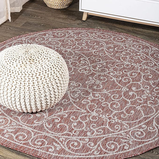 JONATHAN Y Vintage Filigree Indoor Outdoor Round Area Rug 9 Ft Red/Beige, Charleston Textured Weave for Backyard, Patio, Porch, Easy-Cleaning, High Traffic, Pet-Friendly, Non-Shedding (SMB106B-9R)