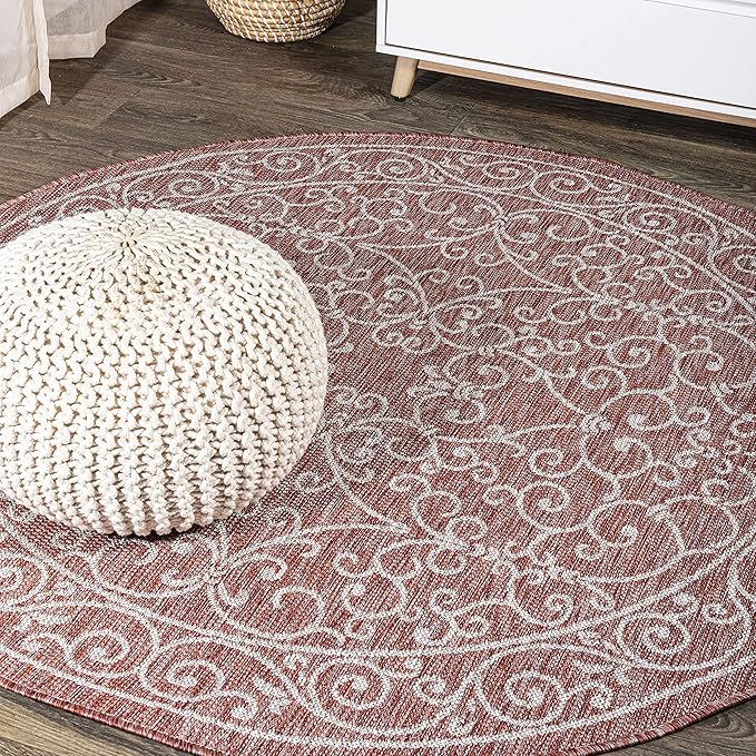 JONATHAN Y Vintage Filigree Indoor Outdoor Round Area Rug 5 Ft Red/Beige, Charleston Textured Weave for Backyard, Patio, Porch, Easy-Cleaning, High Traffic, Pet-Friendly, Non-Shedding (SMB106B-5R)
