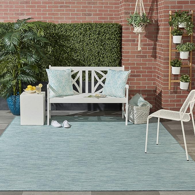 Nourison Positano Indoor/Outdoor Aqua 8' x Round Area Rug, Easy Cleaning, Non Shedding, Bed Room, Living Room, Dining Room, Backyard, Deck, Patio (8 Round)