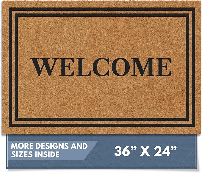 Barnyard Designs Natural Coco Coir Heavy Duty Backing Doormat - Large Cute Non-Slip Front Door Welcome Mat for Outside Entrance or Porch Entry, Brown (24x36, Welcome)