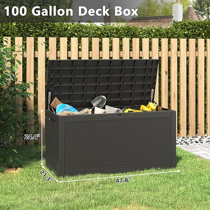 KAMABOKO 101 Gallon Waterproof Large Resin Deck Box, Lockable Large Outdoor Storage Boxes Indoor Outdoor Storage Container for Patio Cushions, Gardening Tools, Pool Supplies, Black