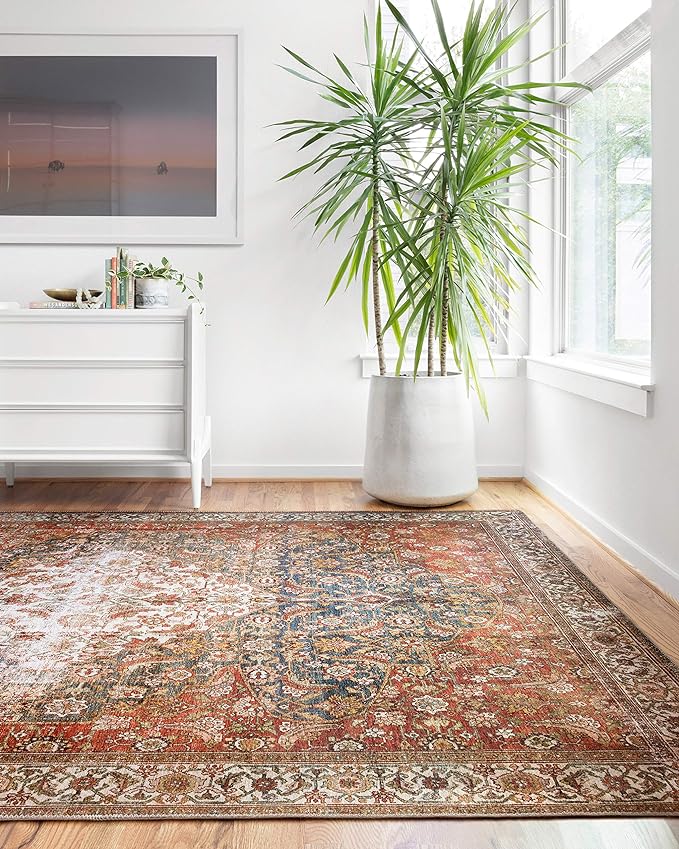 Loloi Layla Collection LAY-05 Ocean/Multi 3'-6" x 5'-6" .13" Thick Accent Rug, Soft, Durable, Vintage Inspired, Distressed, Low Pile, Non-Shedding, Easy Clean, Printed, Living Room Rug