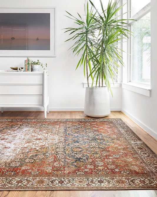 Loloi Layla Collection LAY-05 Ocean/Multi 3'-6" x 5'-6" .13" Thick Accent Rug, Soft, Durable, Vintage Inspired, Distressed, Low Pile, Non-Shedding, Easy Clean, Printed, Living Room Rug