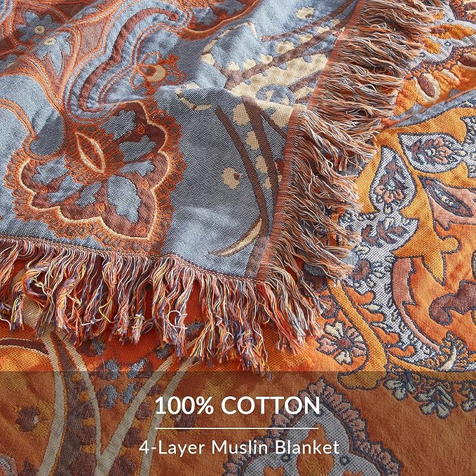 Boho Throw Blanket for Couch Sofa Bed, 100% Cotton Woven Quilt with Tassel 80”x90”, Super Soft Muslin Blanket with Oriental Universe Printed, Decorative Reversible Bed Blanket/Cover for All Seasons