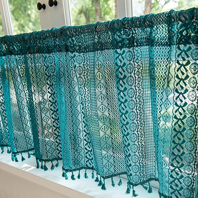 Sutuo Home Boho Valance Tier Curtains Crochet Lace Sheer Bohemian Hollow Knitted with Tassels, Privacy Vintage Rustic Farmhouse Drapes for Kitchen, Rod Pocket 1 Panel 59" W x 36" L, Turquoise