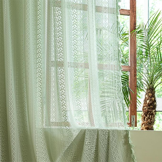 Sutuo Home Boho Sheer Curtains for Kitchen Kid's Room,Crochet Lace Bohemian Hollow Knitted Handmade Tassels Window Treatment Vintage Chic Rod Pocket Farmhouse Drapes, 1 Panel 59" W x 63" L, Mint Green