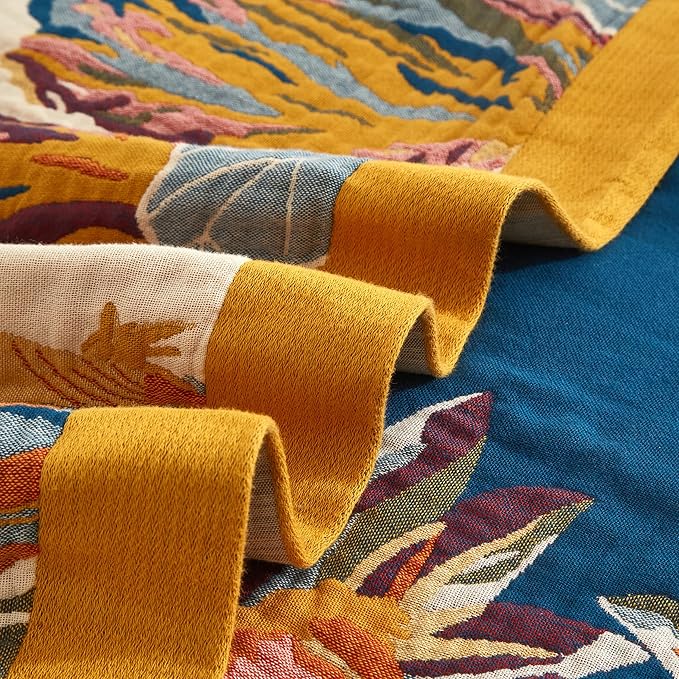 Boho Throw Blanket for Bed 60”x80”, 100% Cotton Woven Blanket for Couch Sofa, Ultra Soft 4-Layer Muslin Quilt with Floral Printed, Farmhouse Bed Blanket/Cover for Living Room Decor