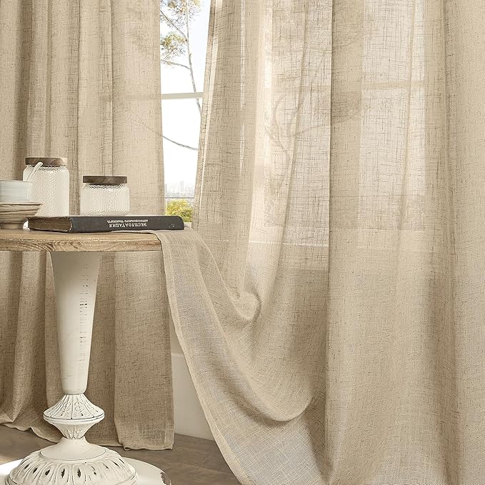 LAMIT Brown Linen Curtains 90 inch for Bedroom, Soft Thick Light Filtering Boho Window Textured Burlap Drapes with Bronze Grommet for Living Room Farmhouse, 2 Panels Set, 52 x 90 Inch