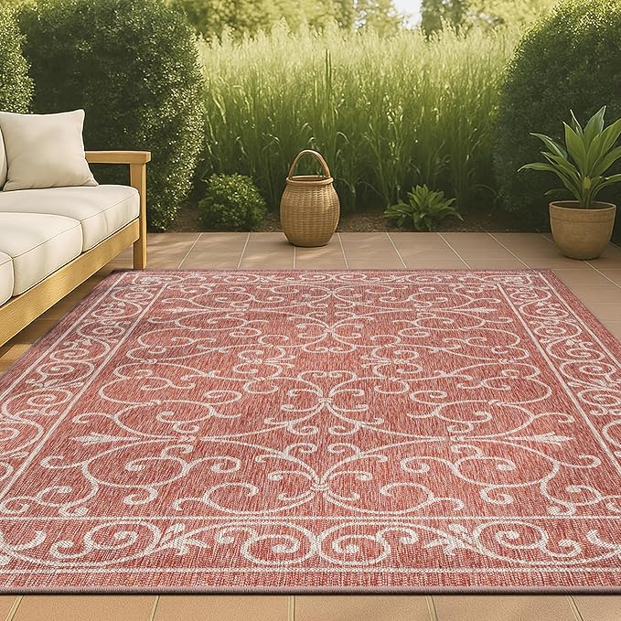 JONATHAN Y Vintage Filigree Indoor Outdoor Area Rug 6X9 Red/Beige, Charleston Textured Weave for Backyard, Patio, Porch, Easy-Cleaning, High Traffic, Pet-Friendly, Non-Shedding (SMB106B-6)