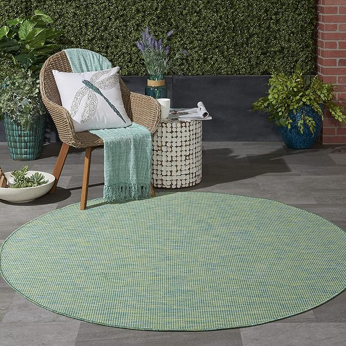 Nourison Positano Indoor/Outdoor Blue/Green 6' x Round Area Rug, Easy Cleaning, Non Shedding, Bed Room, Living Room, Dining Room, Backyard, Deck, Patio (6 Round)