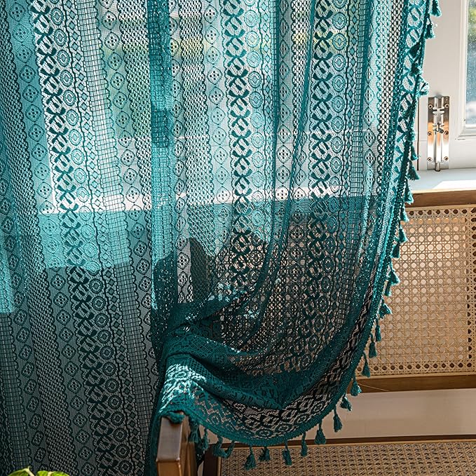 Sutuo Home Boho Curtains 120 inches for Bedroom Dining Room Patio Doorway, Crochet Lace Sheer Bohemian Extra Long with Tassels,Window Treatment Drape, Single 1 Panel 59" W x 120" L, Turquoise