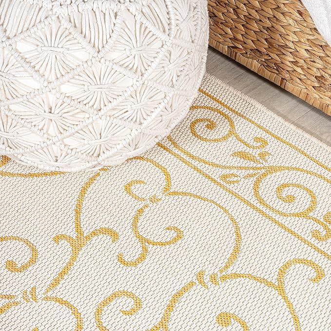 JONATHAN Y Vintage Filigree Indoor Outdoor Round Area Rug 5 Ft Cream/Yellow, Charleston Textured Weave for Backyard, Patio, Porch, Easy-Cleaning, High Traffic, Pet-Friendly, Non-Shedding (SMB106M-5R)