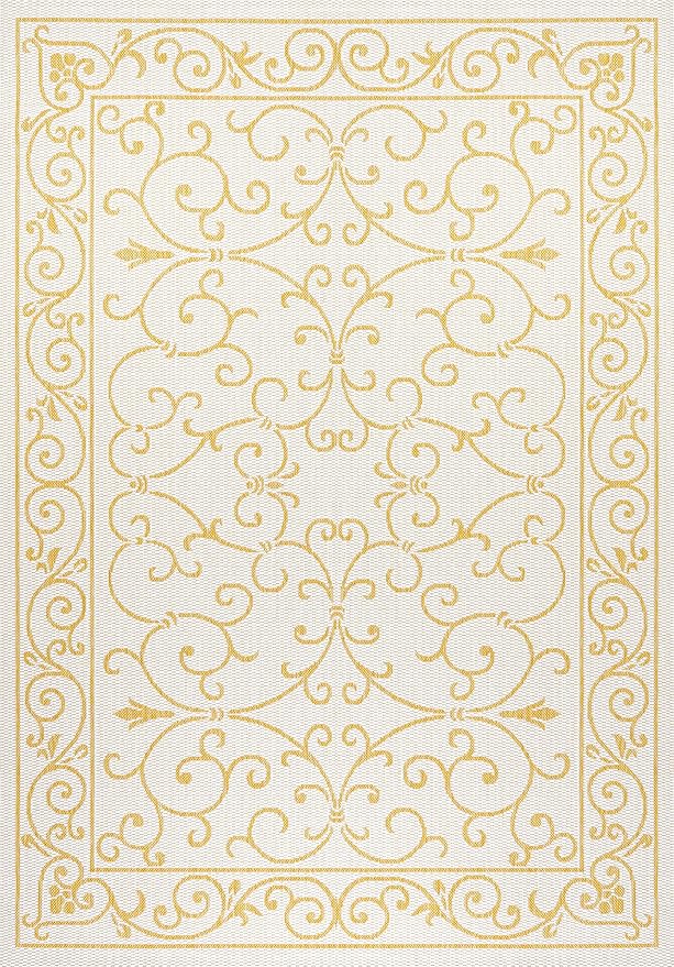 JONATHAN Y Vintage Filigree Indoor Outdoor Area Rug 4X6 Cream/Yellow, Charleston Textured Weave for Backyard, Patio, Porch, Easy-Cleaning, High Traffic, Pet-Friendly, Non-Shedding (SMB106M-4)