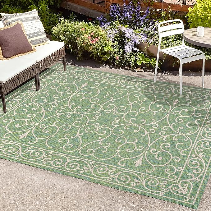 JONATHAN Y Vintage Filigree Indoor Outdoor Area Rug 9X12 Green/Ivory, Charleston Textured Weave for Backyard, Patio, Porch, Easy-Cleaning, High Traffic, Pet-Friendly, Non-Shedding (SMB106K-9)